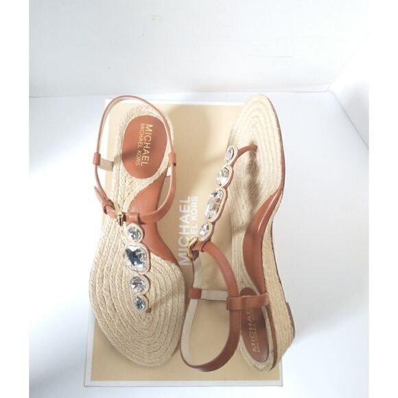 New! MICHAEL KORS Women's Rhinestone T-Strap Espadrille Sandals Size 8 Brown - Picture 10 of 14